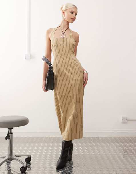 Lioness - Vestito midi allacciato al collo beige a righe con spacco sul retro - view 1