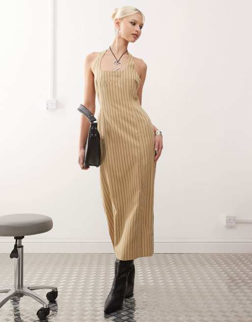 Lioness - Vestito midi allacciato al collo beige a righe con spacco sul retro