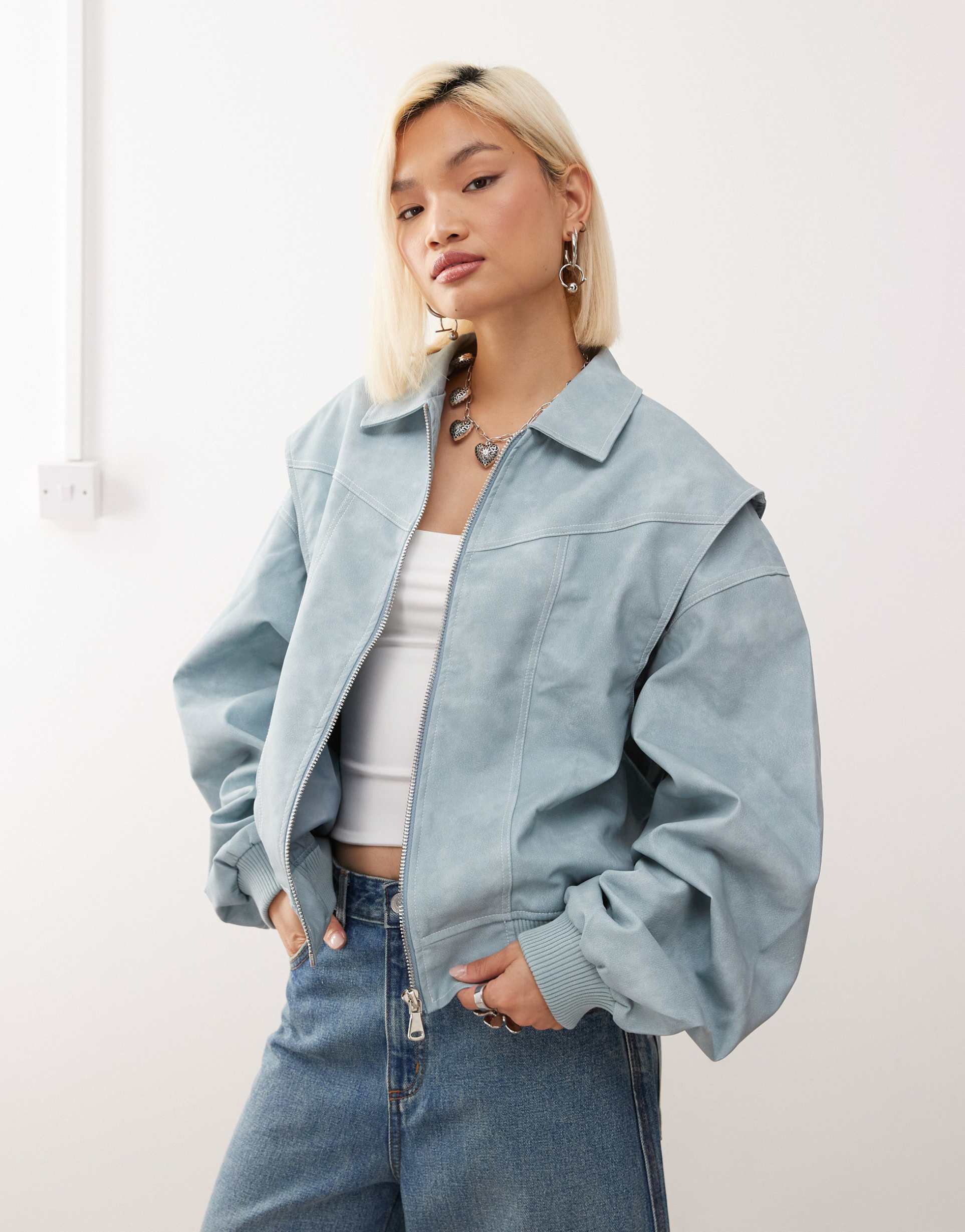 lioness vista exclusive leather look contrast stitch bomber jacket in baby blue