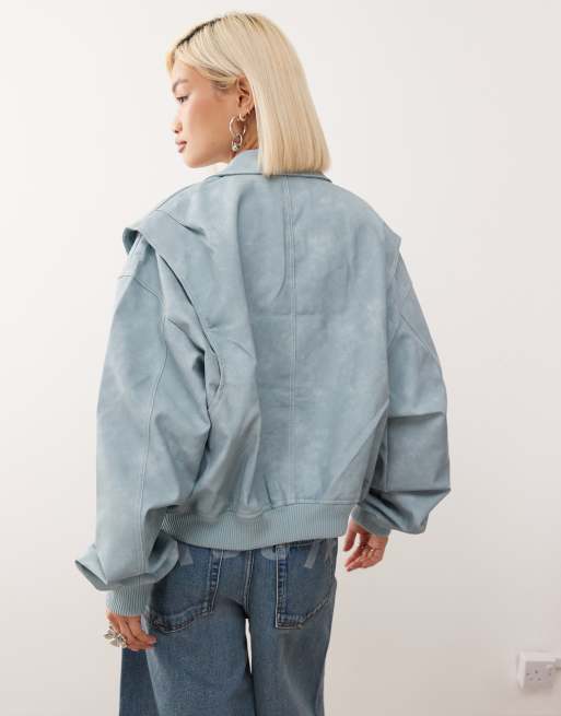 Lioness Vista Exclusive leather look contrast stitch bomber jacket in baby blue