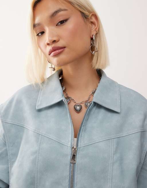 Lioness Vista Exclusive leather look contrast stitch bomber jacket in baby blue