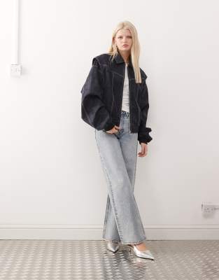 Lioness Vista Leather Look Contrast Stitch Bomber Jacket In Black