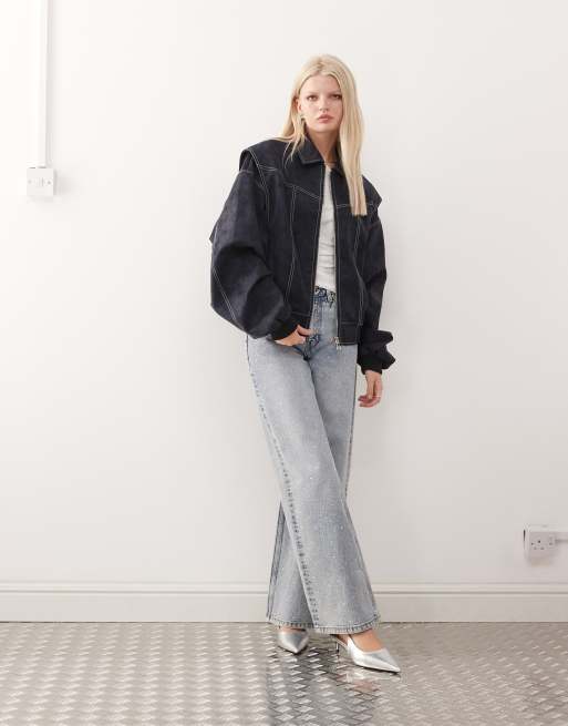Lioness Vista leather look contrast stitch bomber jacket in black