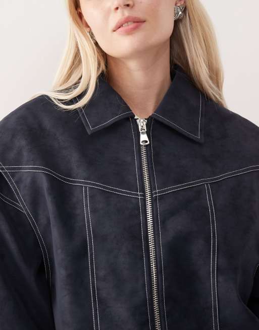 Lioness Vista leather look contrast stitch bomber jacket in black