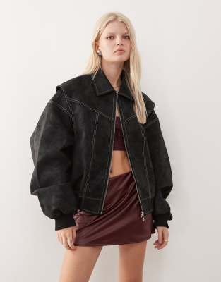 Lioness Vista Leather Look Contrast Stitch Bomber Jacket In Black