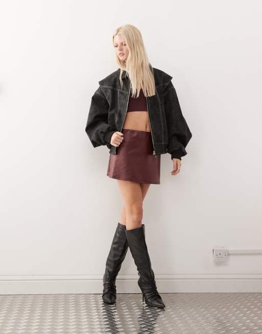 Lioness Vista leather look contrast stitch bomber jacket in black