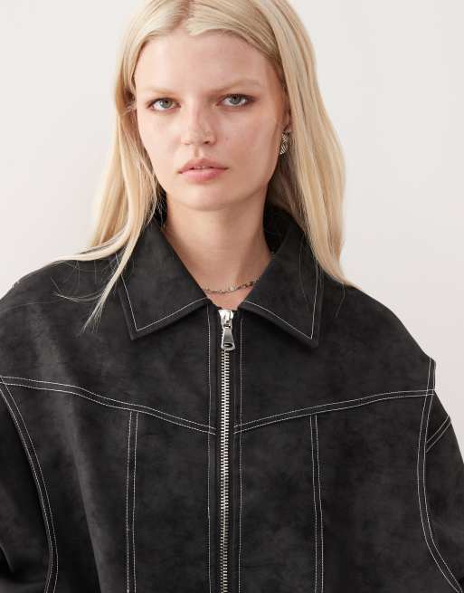 Lioness Vista leather look contrast stitch bomber jacket in black