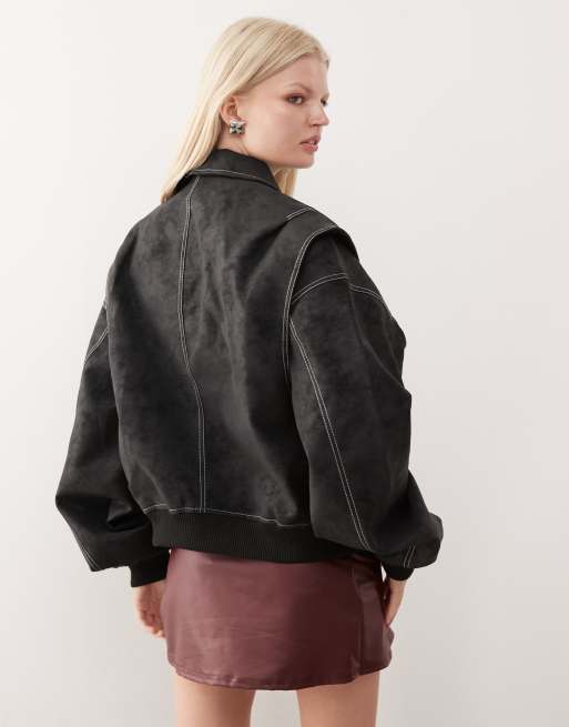 Lioness Vista leather look contrast stitch bomber jacket in