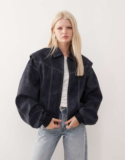 Lioness Vista leather look contrast stitch bomber jacket in navy - view 1