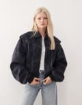 [Lioness] Lioness Vista leather look contrast stitch bomber jacket in navy M Washed Navy