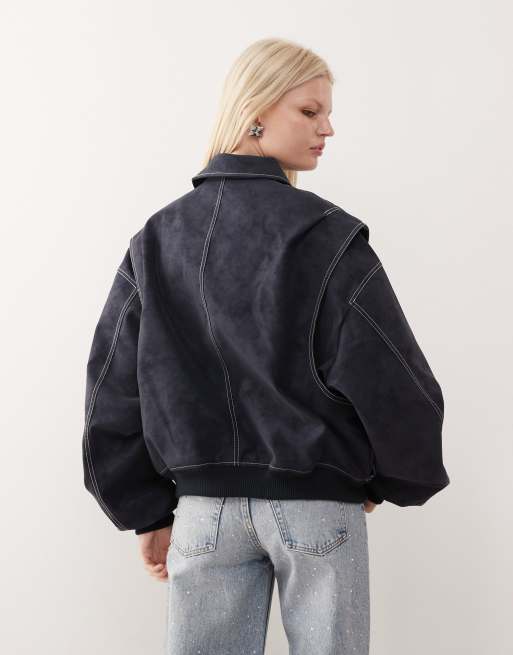 Lioness Vista leather look contrast stitch bomber jacket in black
