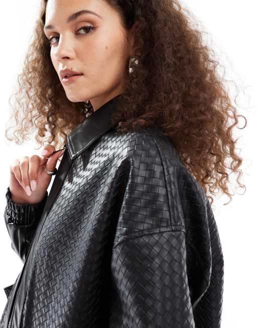 Lioness weave detail leather look bomber jacket in black, 2 of 4