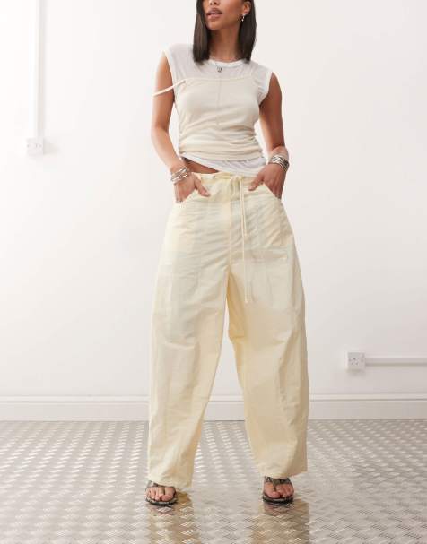 Lioness tie waist barrel leg trousers in buttercream yellow