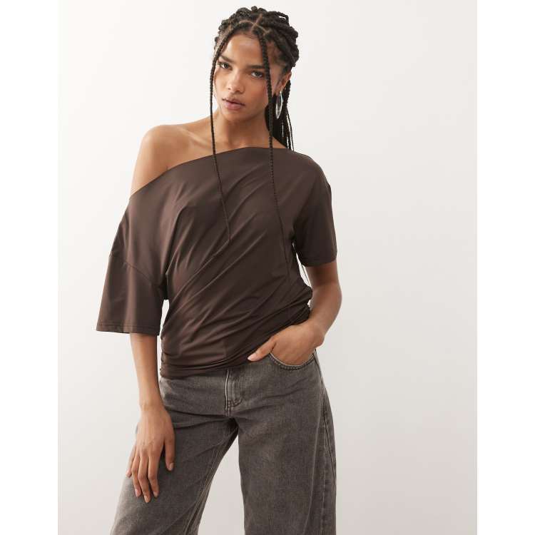 Lioness Wildlands slinky slash neck off shoulder top in chocolate
