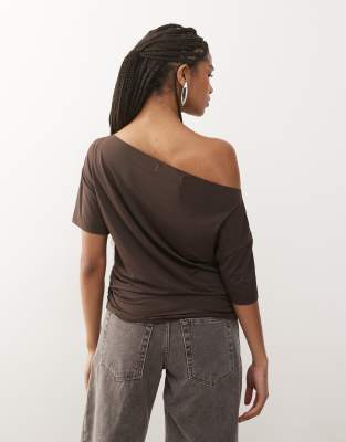 Lioness Wildlands Slinky Slash Neck Off The Shoulder Top In Brown