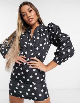 Lioness wrap front frill mini tea dress with puff sleeves in black polka print-Multi