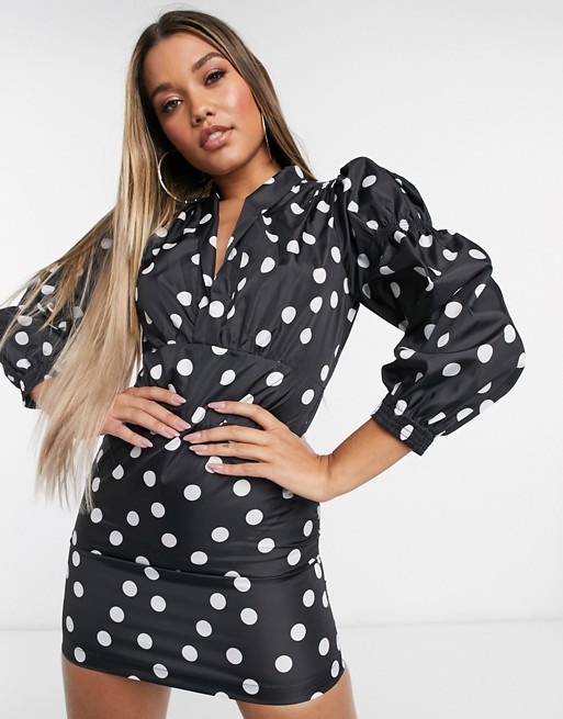 Lioness wrap front frill mini tea dress with puff sleeves in black polka print