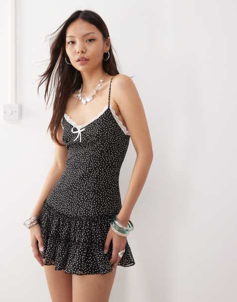 Lioness Yves strappy contrast lace trim polka dot ruffle skirt mini dress in mono - view 1