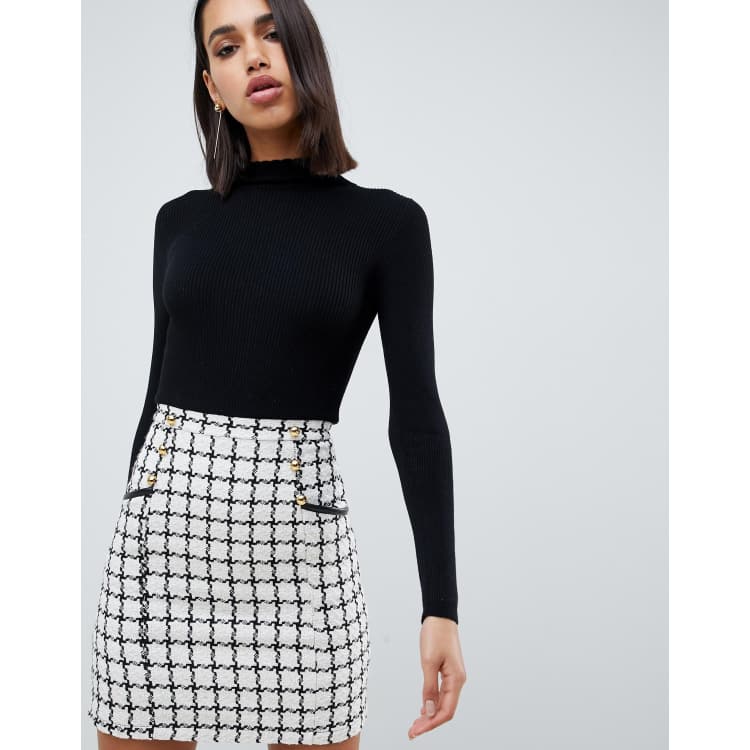 Lipsy 2 in 1 dress with checked skirt in mono