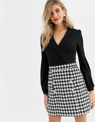 Lipsy 2 in 1 keyhole front aline dress in black dogtooth-Multi