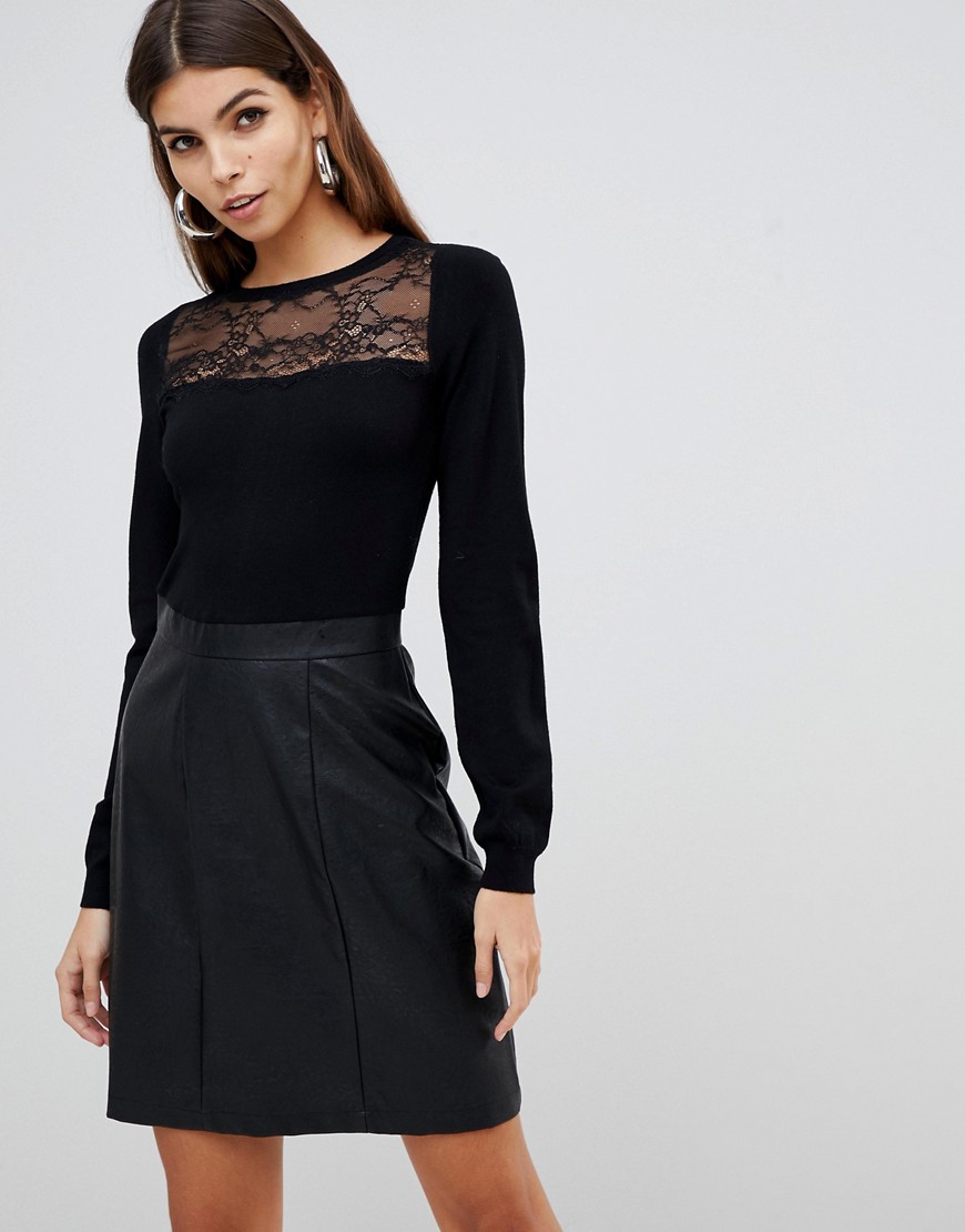 Lipsy 2 in 1 lace detail dress with faux leather skirt in black