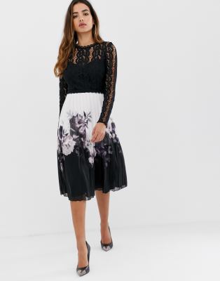 lipsy lace top 2 in 1 pleated skirt midi dress