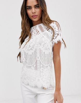 Lipsy all over high neck lace top in white | ASOS