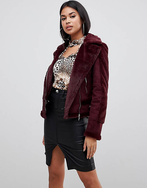 Lipsy aviator jacket with faux fur lining in burgundy | ASOS