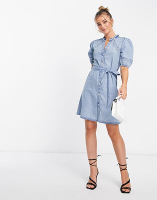 Lipsy Balloon Sleeve Denim Tie Front Shift Dress In Blue ModeSens