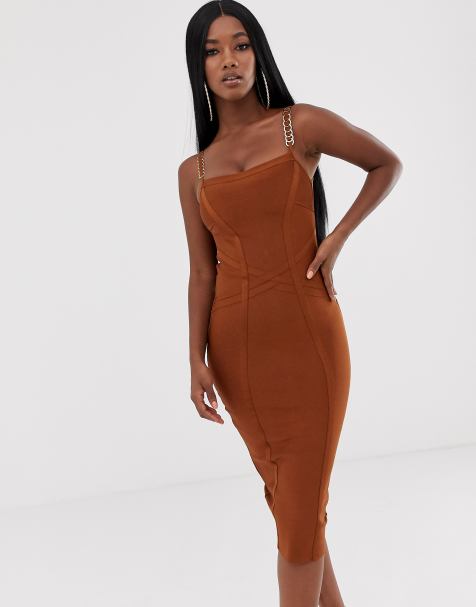 Lipsy – Bandagen-Midikleid mit Trägern hinten und eckigem Ausschnitt in Fuchsrot