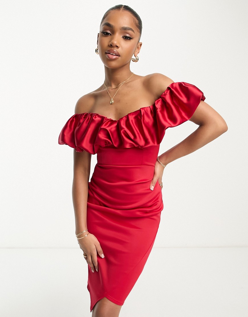 bandeau satin ruched bodycon midi dress in red
