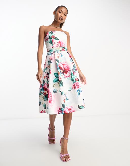 Lipsy bandeu midi skater dress in white floral