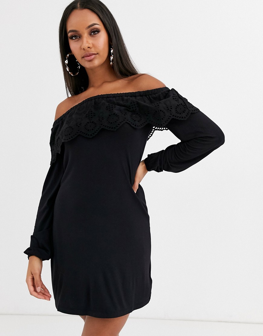 Lipsy - Bardot-jurk met broiderie-Zwart