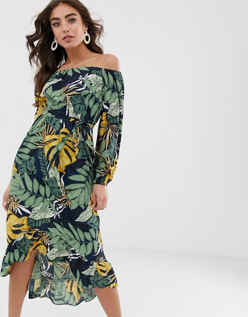 Lipsy bardot midi dress in tropical plam print