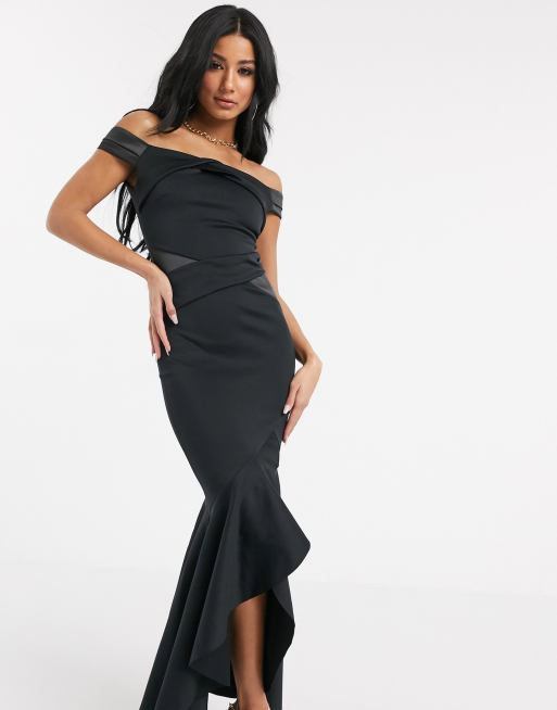 Lipsy satin panel 2025 bardot fishtail maxi dress