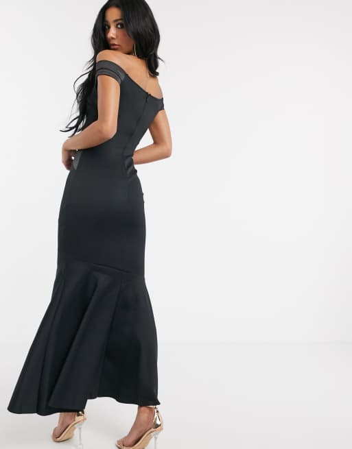 Lipsy satin panel 2025 bardot fishtail maxi dress