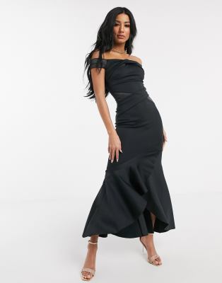 lipsy satin panel bardot fishtail maxi dress