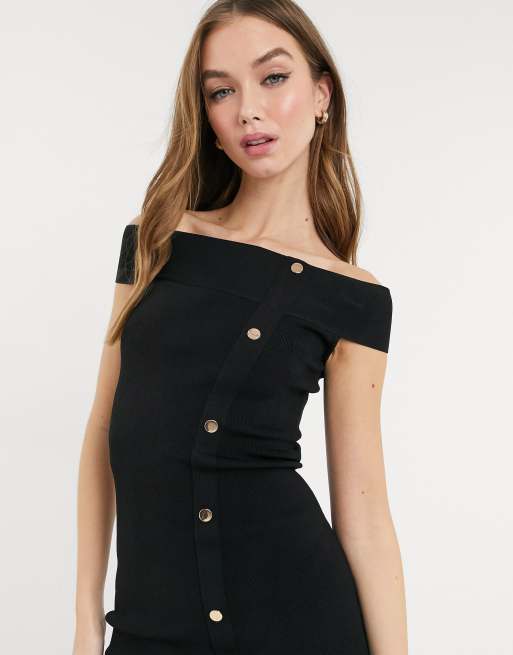 Lipsy bardot pencil dress with button detail in black ASOS