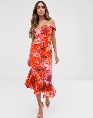 tropical print bardot scuba dress