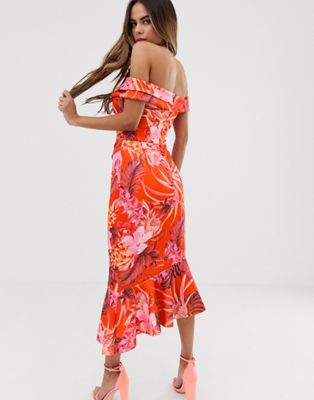 tropical print bardot scuba dress