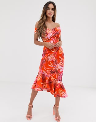 tropical print bardot scuba dress