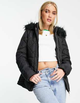 belted faux fur hood puffer jacket in black