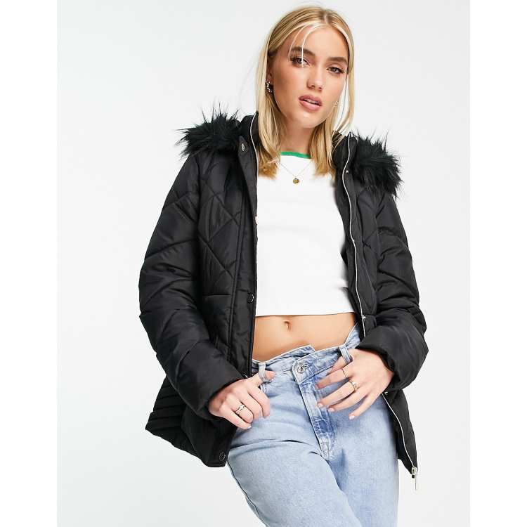 Buy Lipsy Black Longline Belted Fur Hood Puffer Padded Coat from Next  Australia