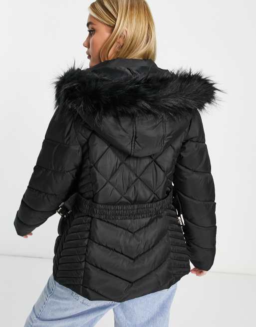 Black belted coat store with fur hood