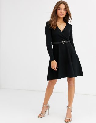 Lipsy belted wrap dress in black | ASOS