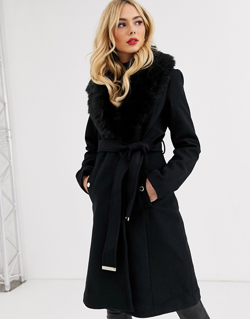 Lipsy black robe coat with removable faux trim