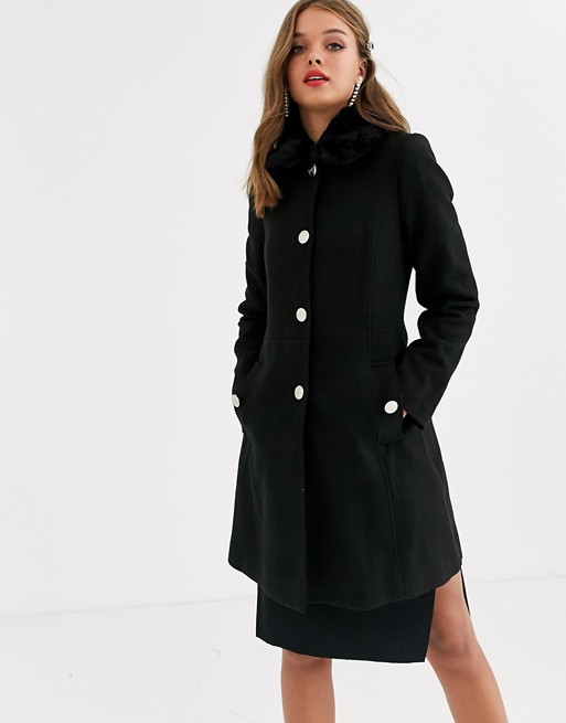 Lipsy black wool coat with fur collar in black