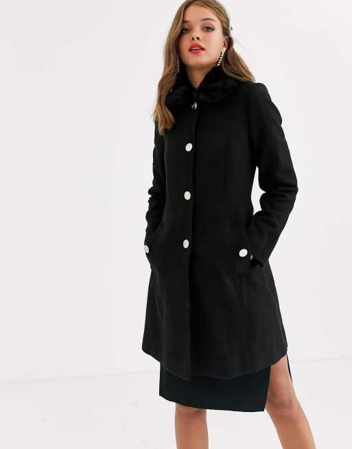 Lipsy black wool coat with fur collar in black | ASOS