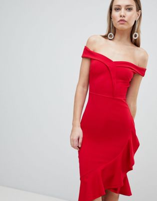 Lipsy - Bodycon-jurk in bardot-stijl met ruches-Rood