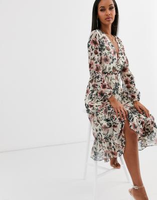 lipsy floral button through midi dress